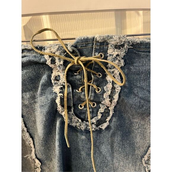Vintage Wild Z Pieced Raw Edge Lace Up Denim Jean Skirt Boho Festival Retro Sz 2 - Picture 3 of 6